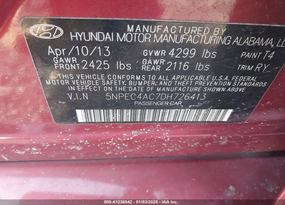 2013 HYUNDAI SONATA SE VIN: 5NPEC4AC7DH726413