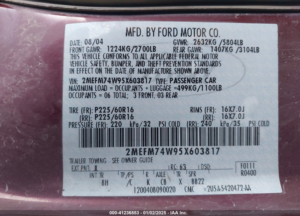 2005 MERCURY GRAND MARQUIS GS VIN: 2MEFM74W95X603817