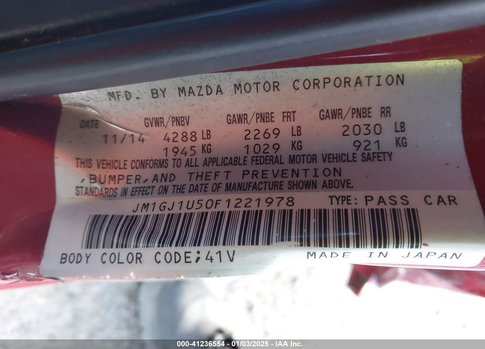 2015 MAZDA 6 I SPORT VIN: JM1GJ1U50F1221978