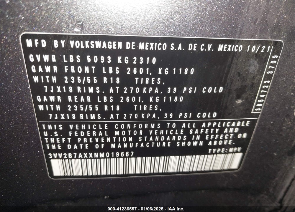 2022 VOLKSWAGEN TIGUAN VIN: 3VV2B7AXXNM019667