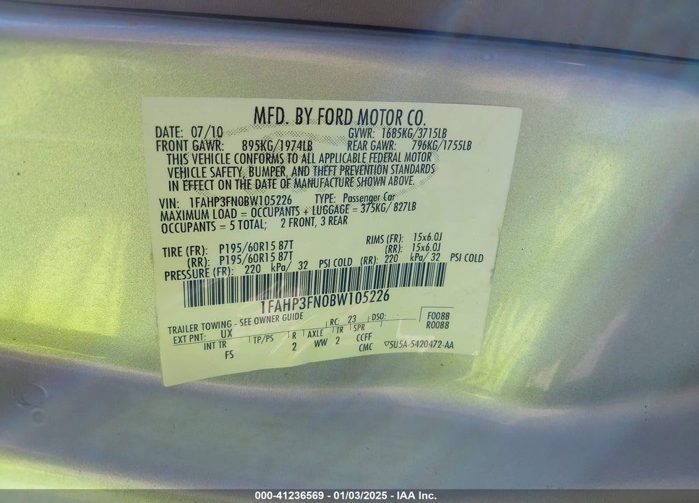 2011 FORD FOCUS SE VIN: 1FAHP3FN0BW105226