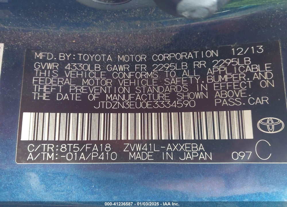 2014 TOYOTA PRIUS V TWO VIN: JTDZN3EU0E3334590