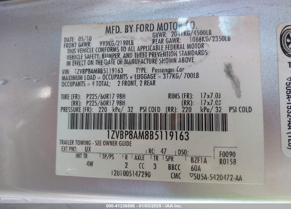 2011 FORD MUSTANG V6 PREMIUM VIN: 1ZVBP8AM8B5119163