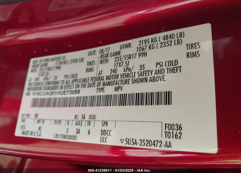 2017 FORD ESCAPE SE VIN: 1FMCU9G91HUE73058