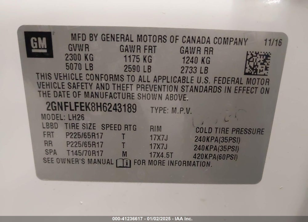 2017 CHEVROLET EQUINOX LT VIN: 2GNFLFEK8H6243189