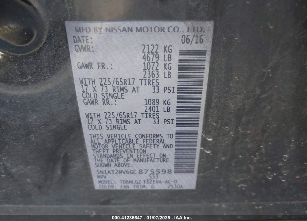 2016 NISSAN ROGUE VIN: 5N1AT2MV6GC875598