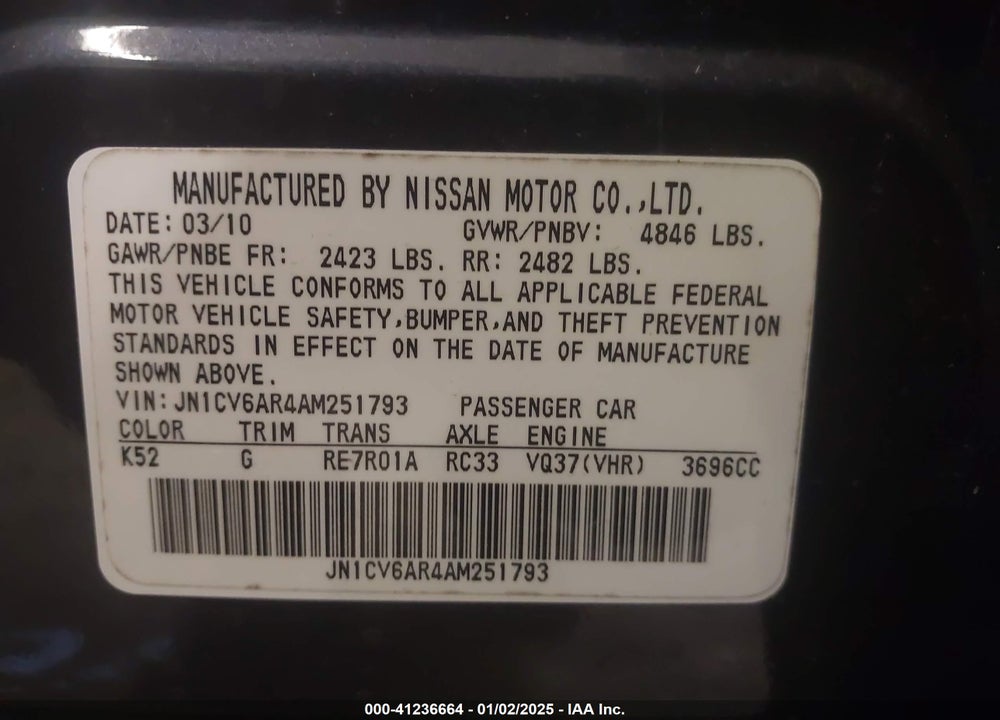 2010 INFINITI G37X VIN: JN1CV6AR4AM251793