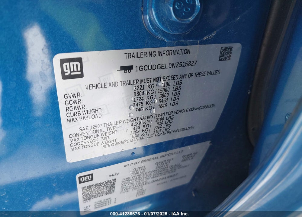 2022 CHEVROLET SILVERADO VIN: 1GCUDGEL0NZ515827