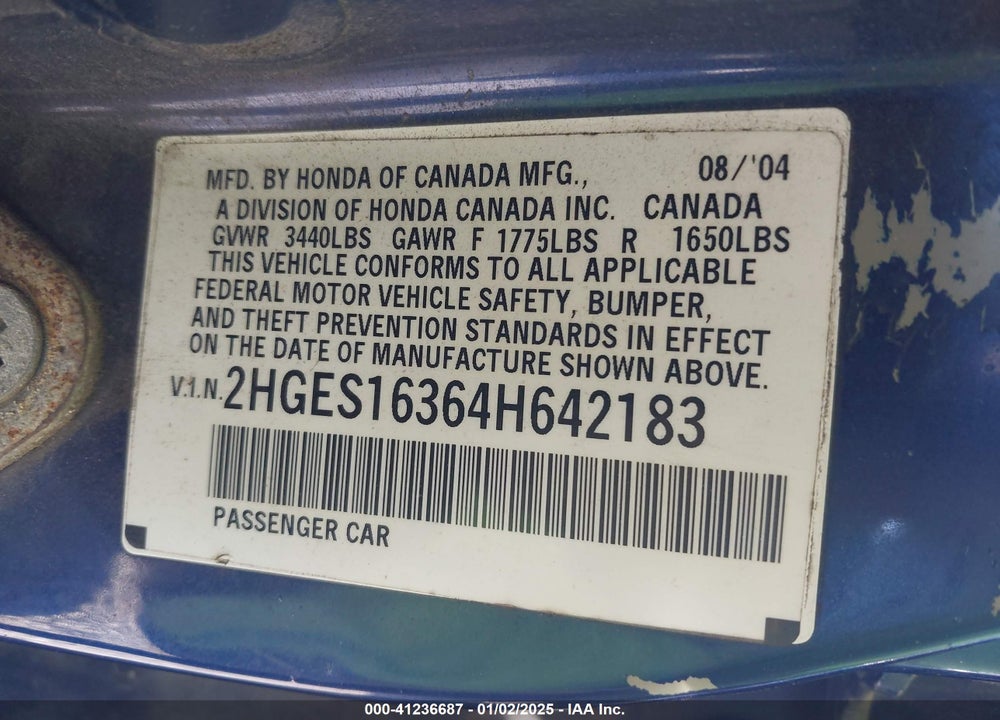 2004 HONDA CIVIC VP VIN: 2HGES16364H642183