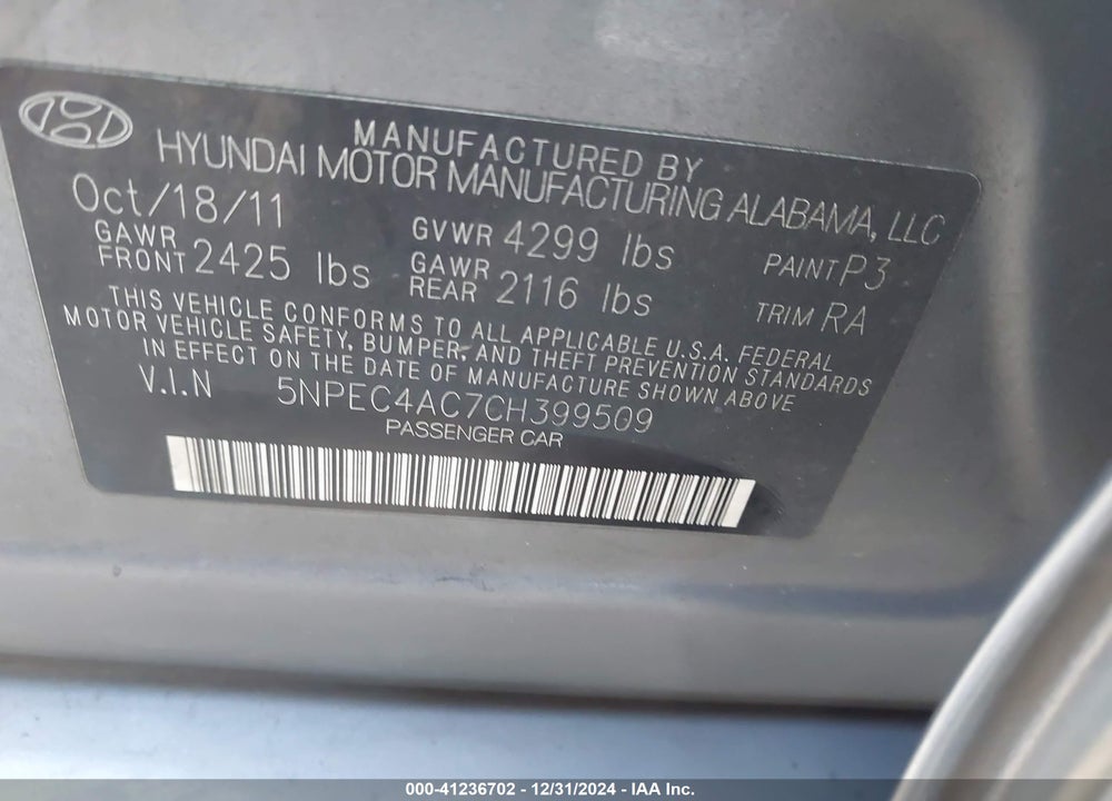 2012 HYUNDAI SONATA LIMITED VIN: 5NPEC4AC7CH399509