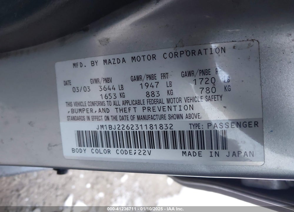 2003 MAZDA PROTEGE DX/ES/LX VIN: JM1BJ226231181832