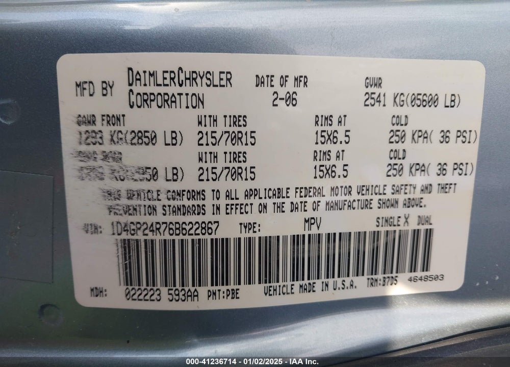 2006 DODGE GRAND CARAVAN SE VIN: 1D4GP24R76B622867