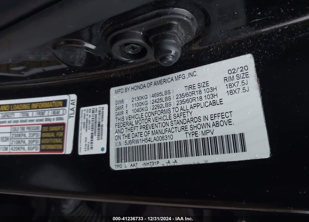 2020 HONDA CR-V VIN: 5J6RW1H54LA006310