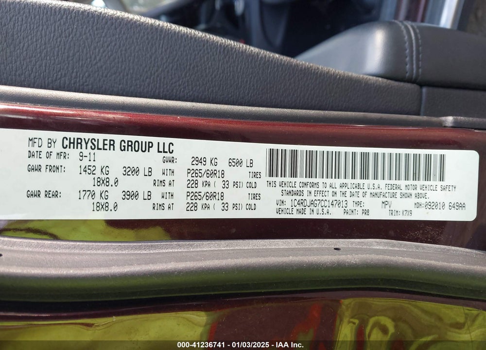 2012 DODGE DURANGO VIN: 1C4RDJAG7CC147013