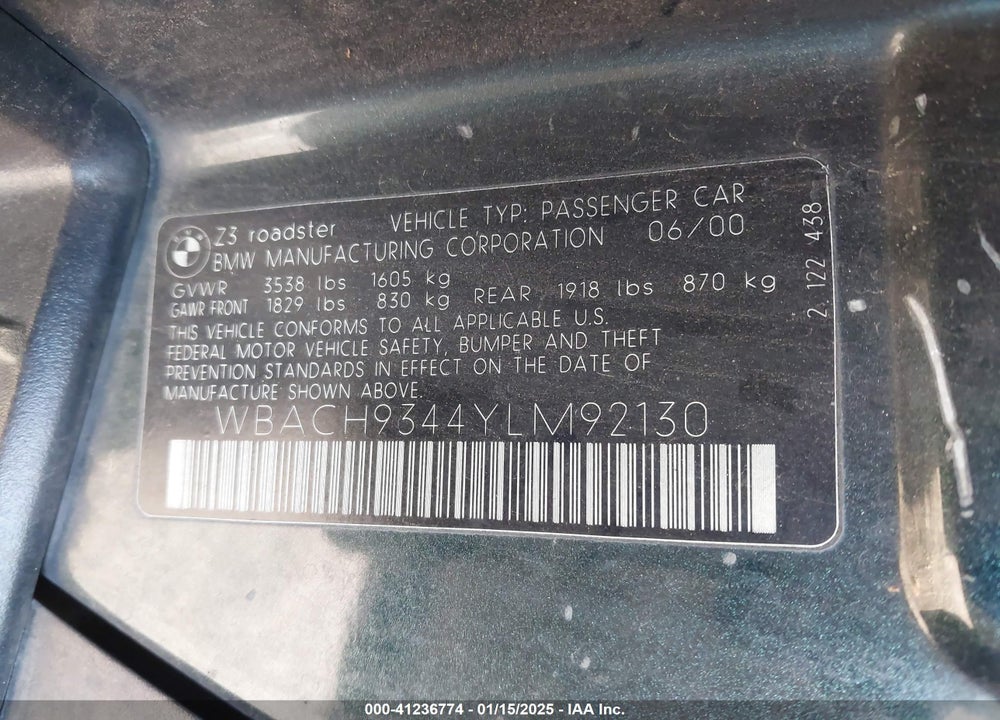 2000 BMW Z3 2.3 VIN: WBACH9344YLM92130