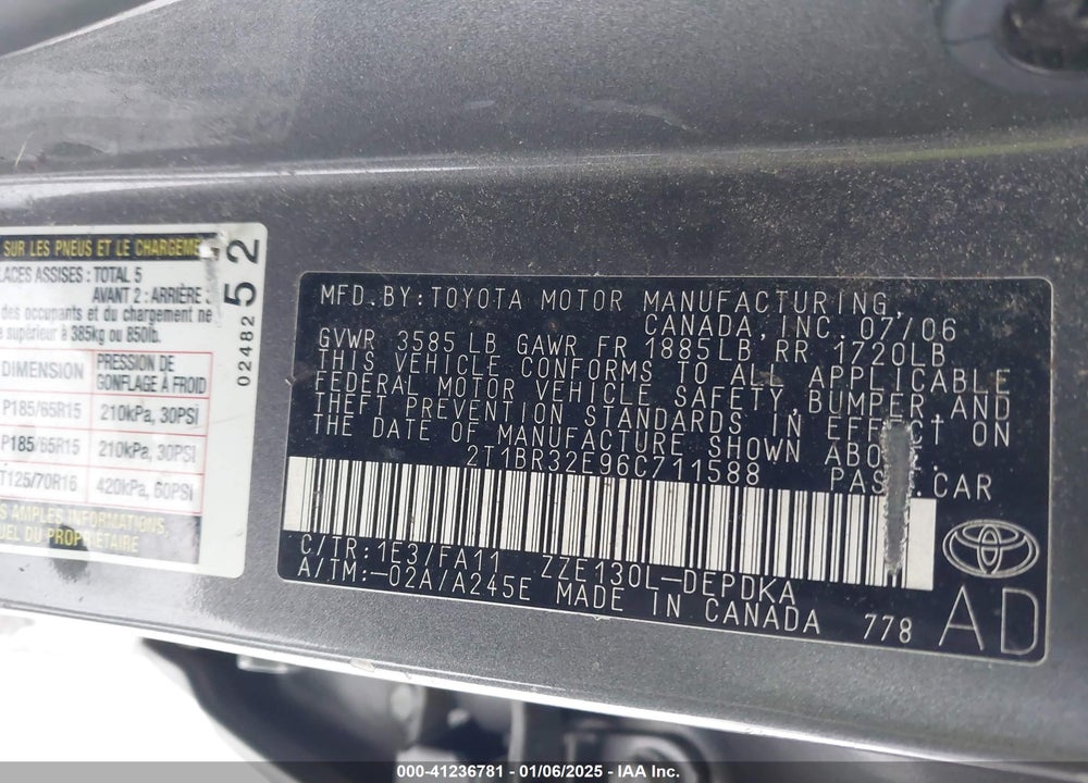 2006 TOYOTA COROLLA CE VIN: 2T1BR32E96C711588