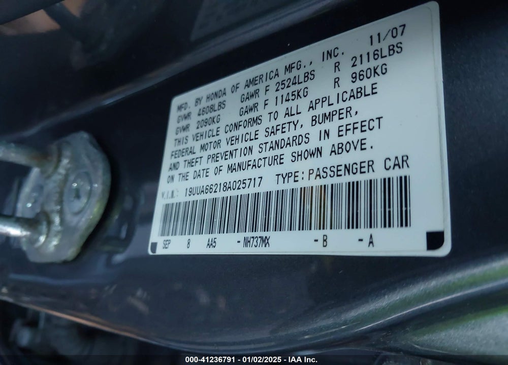 2008 ACURA TL 3.2 VIN: 19UUA66218A025717
