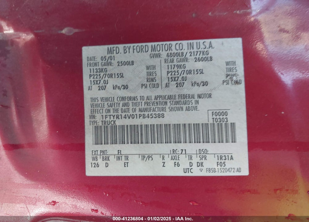 2001 FORD RANGER EDGE/XL/XLT VIN: 1FTYR14V01PB45388