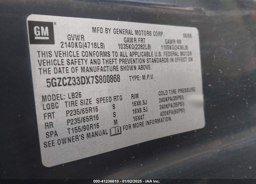 2007 SATURN VUE 4 CYL VIN: 5GZCZ33DX7S800868
