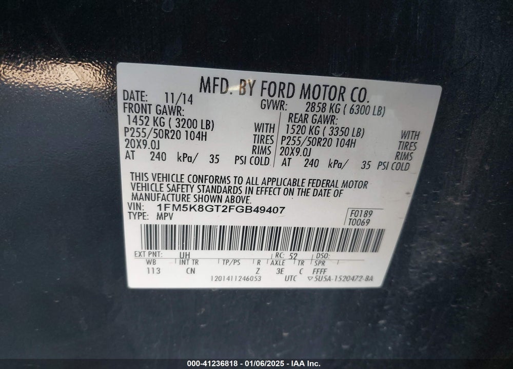 2015 FORD EXPLORER VIN: 1FM5K8GT2FGB49407