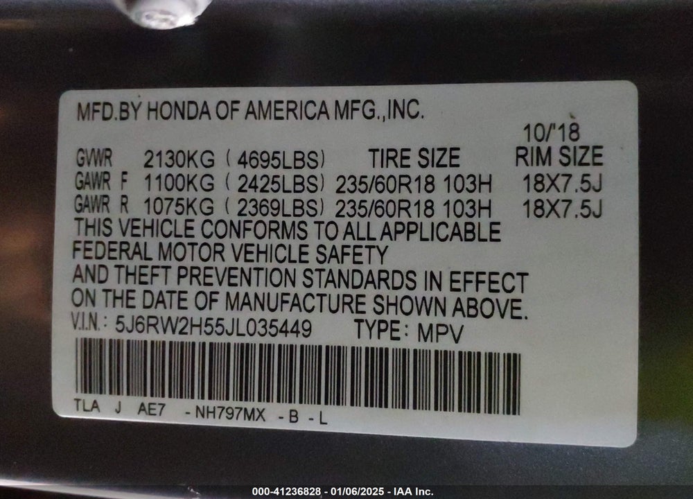 2018 HONDA CR-V VIN: 5J6RW2H55JL035449