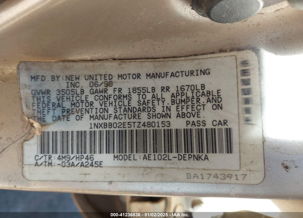 1996 TOYOTA COROLLA DX VIN: 1NXBB02E5TZ480153