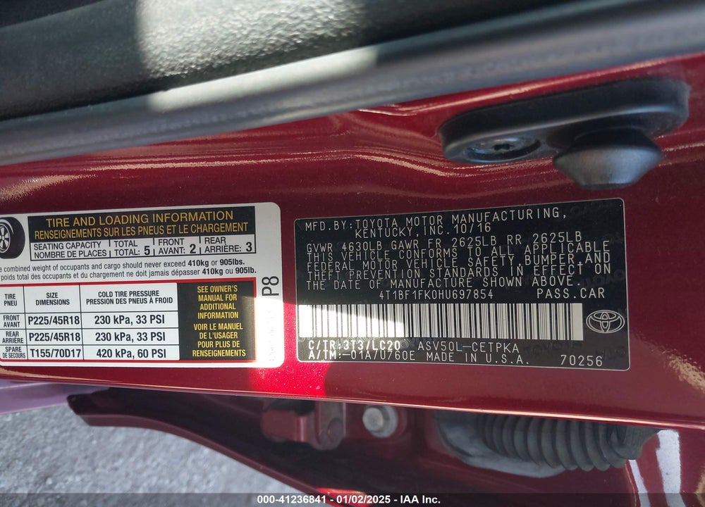 2017 TOYOTA CAMRY XSE VIN: 4T1BF1FK0HU697854