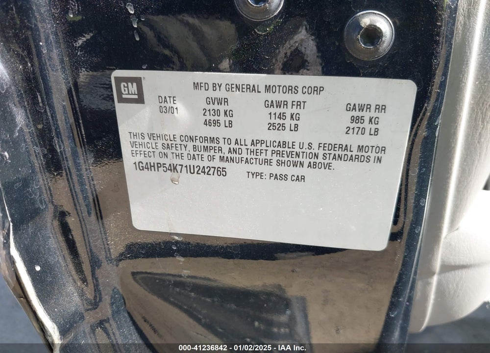 2001 BUICK LESABRE CUSTOM VIN: 1G4HP54K71U242765