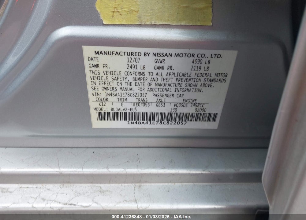 2008 NISSAN MAXIMA VIN: 1N4BA41E78C822057