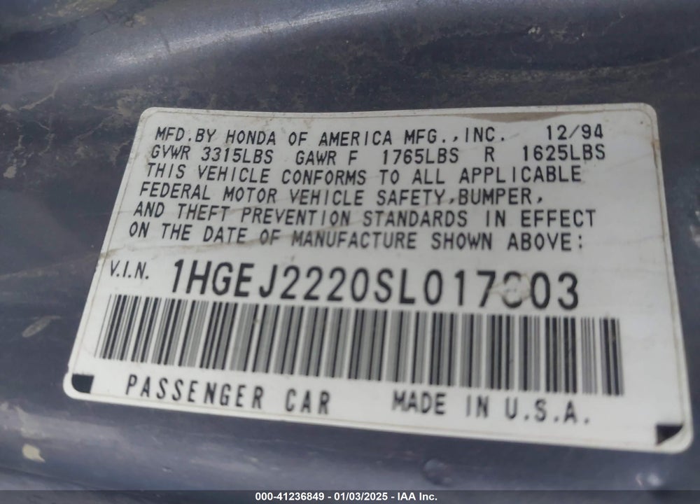 1995 HONDA CIVIC DX VIN: 1HGEJ2220SL017803