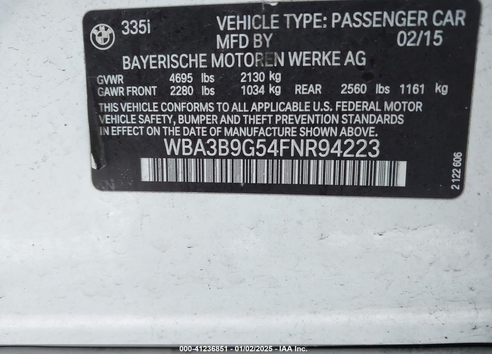 2015 BMW 335 VIN: WBA3B9G54FNR94223