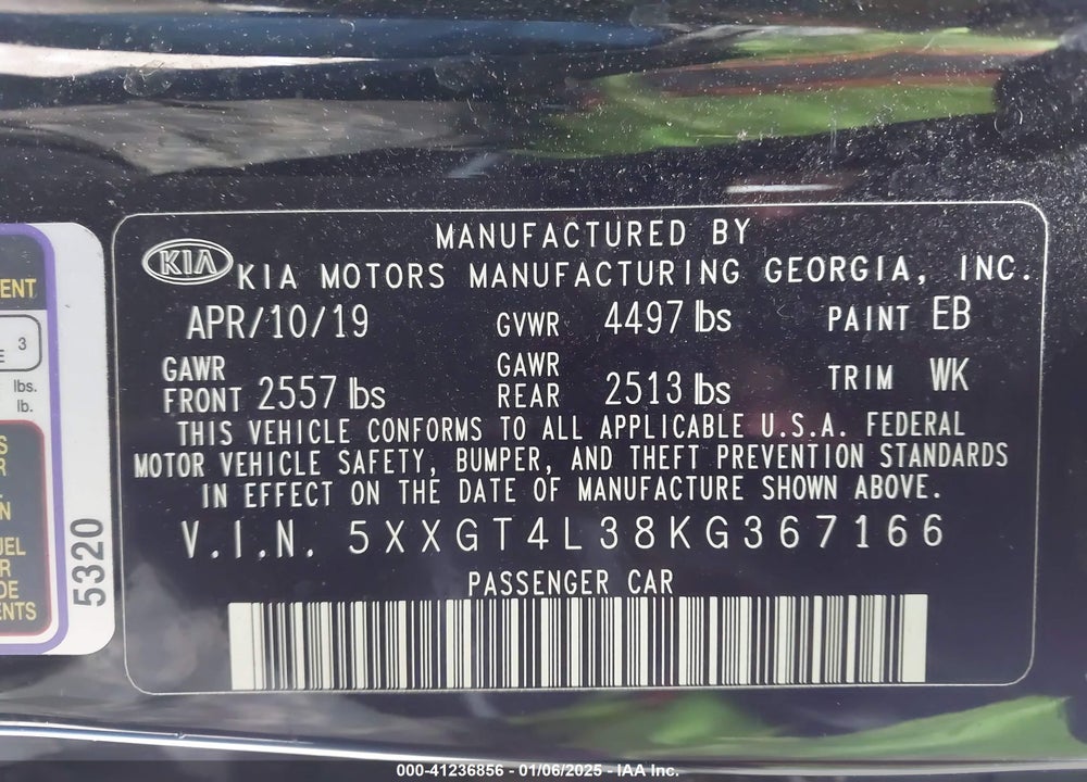2019 KIA OPTIMA VIN: 5XXGT4L38KG367166