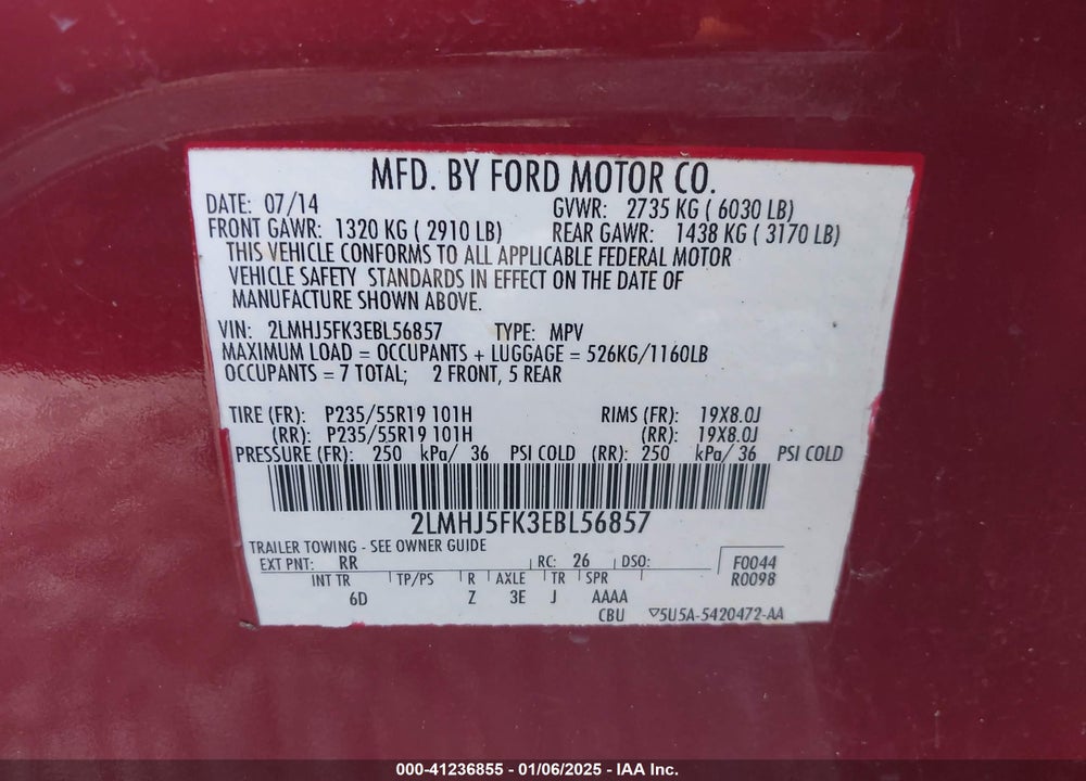 2014 LINCOLN MKT VIN: 2LMHJ5FK3EBL56857