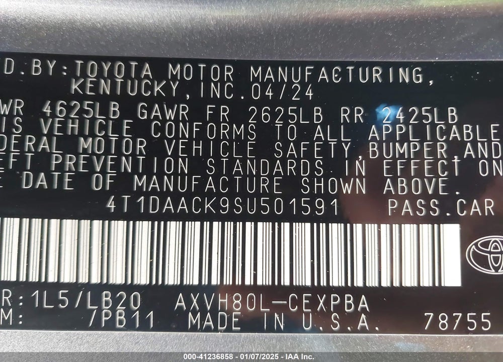 2025 TOYOTA CAMRY VIN: 4T1DAACK9SU501591