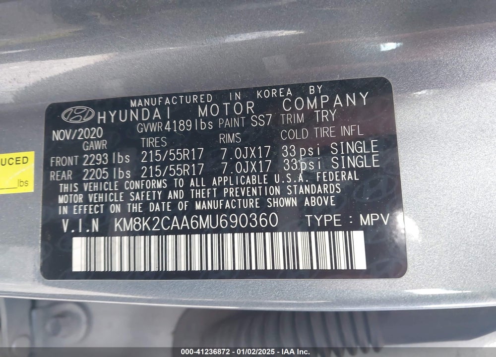 2021 HYUNDAI KONA SEL VIN: KM8K2CAA6MU690360