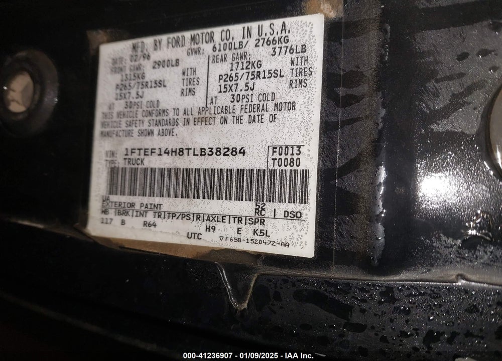 1996 FORD F150 VIN: 1FTEF14H8TLB38284
