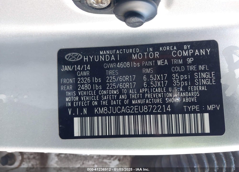 2014 HYUNDAI TUCSON SE VIN: KM8JUCAG2EU872214