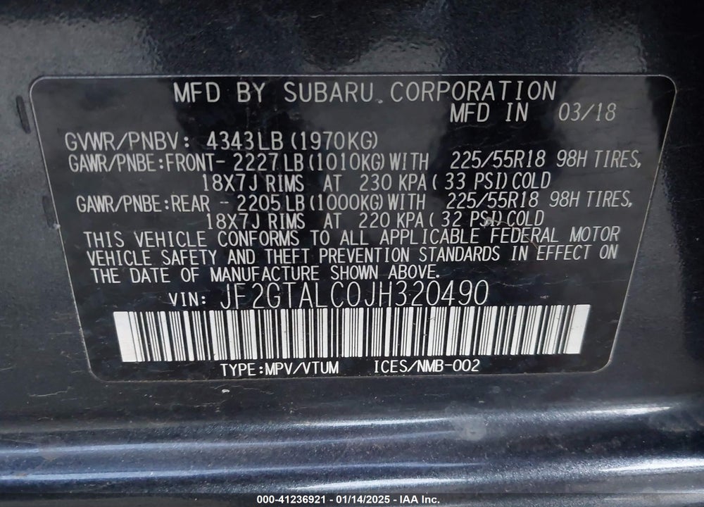2018 SUBARU CROSSTREK 2.0I LIMITED VIN: JF2GTALC0JH320490