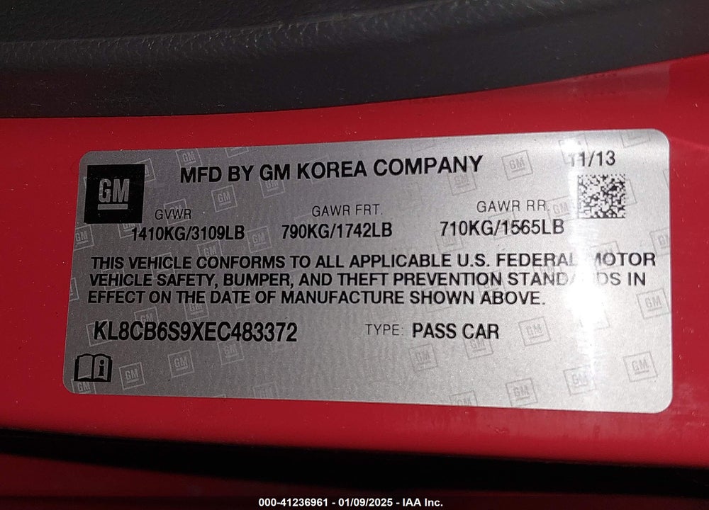 2014 CHEVROLET SPARK LS AUTO VIN: KL8CB6S9XEC483372