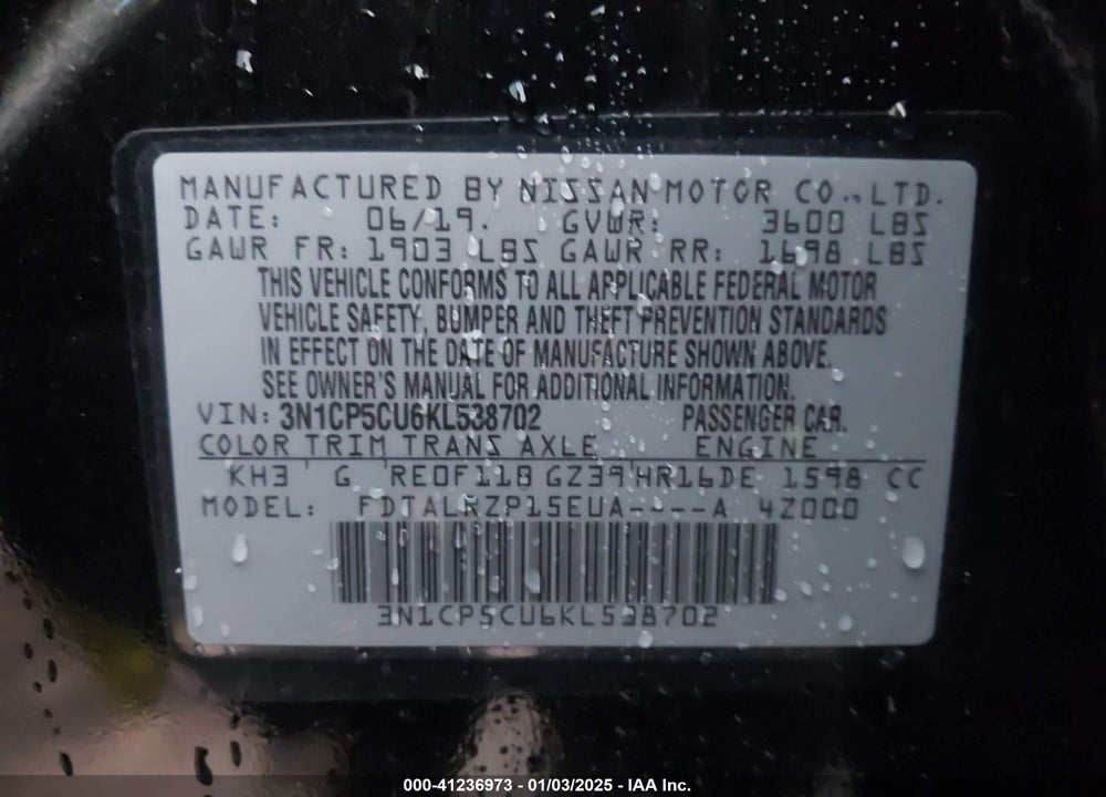 2019 NISSAN KICKS S VIN: 3N1CP5CU6KL538702