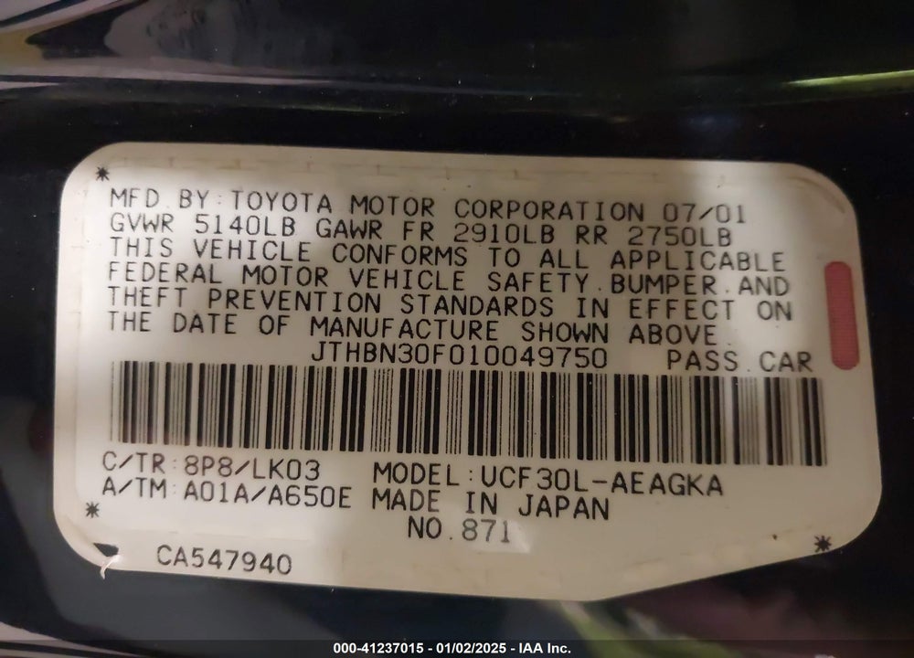 2001 LEXUS LS 430 VIN: JTHBN30F010049750