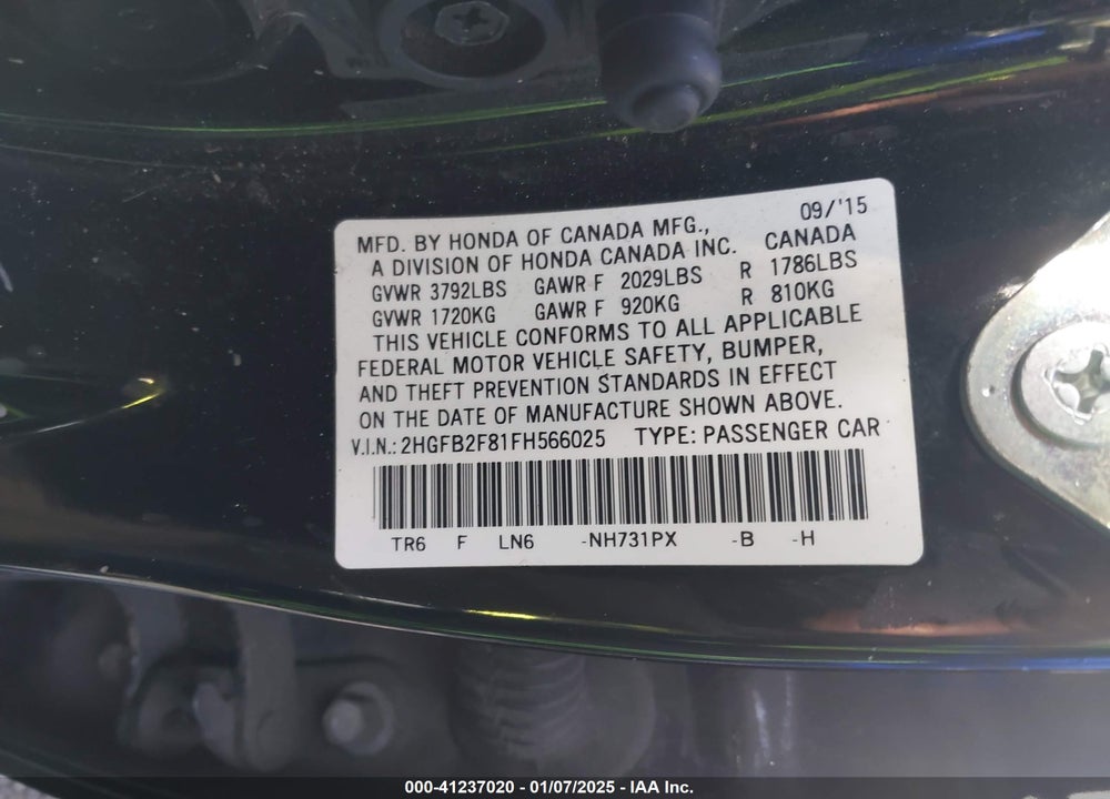 2015 HONDA CIVIC EX VIN: 2HGFB2F81FH566025