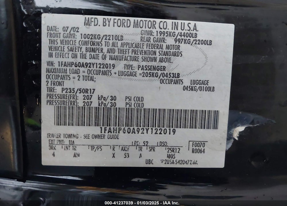 2002 FORD THUNDERBIRD VIN: 1FAHP60A92Y122019