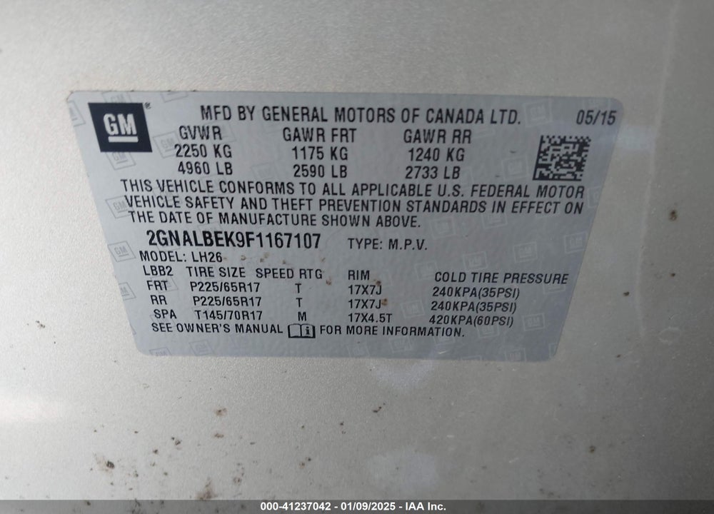 2015 CHEVROLET EQUINOX VIN: 2GNALBEK9F1167107