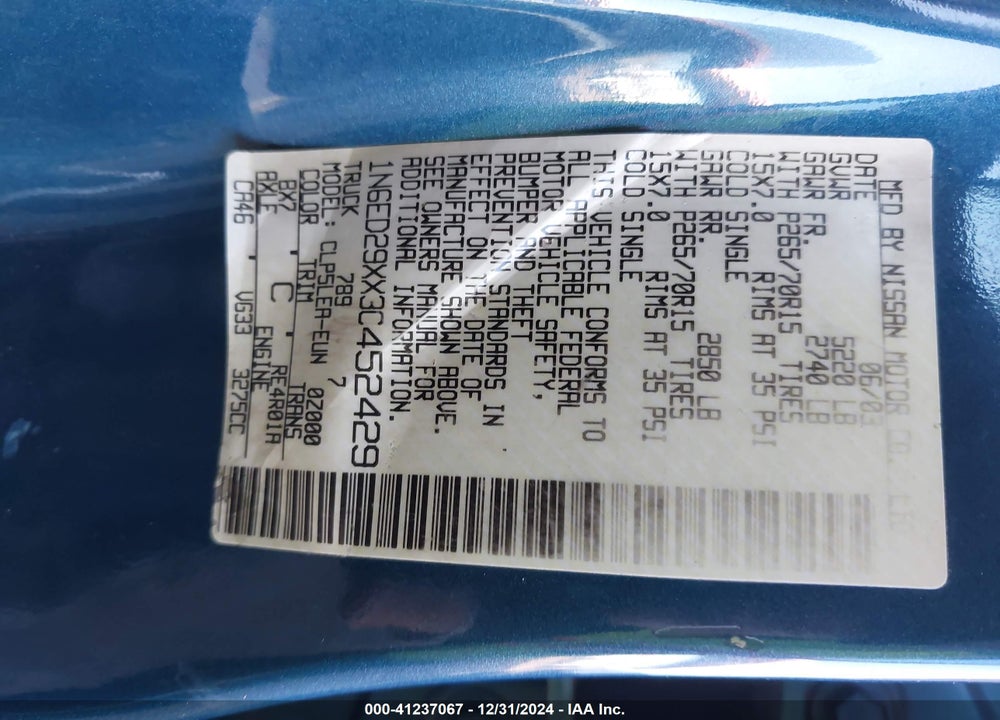 2003 NISSAN FRONTIER XE-V6 VIN: 1N6ED29XX3C452429