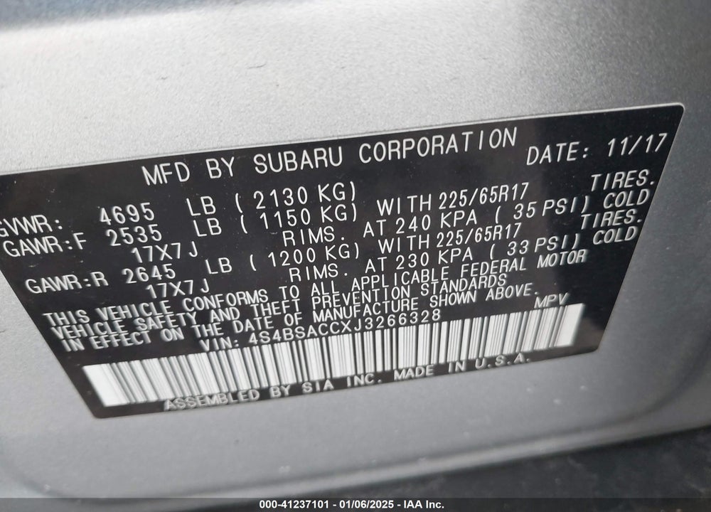 2018 SUBARU OUTBACK 2.5I PREMIUM VIN: 4S4BSACCXJ3266328