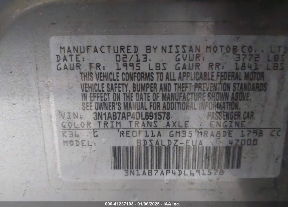 2013 NISSAN SENTRA VIN: 3N1AB7AP4DL691578