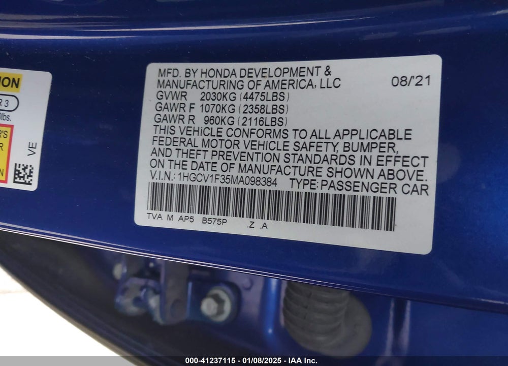 2021 HONDA ACCORD SPORT VIN: 1HGCV1F35MA098384