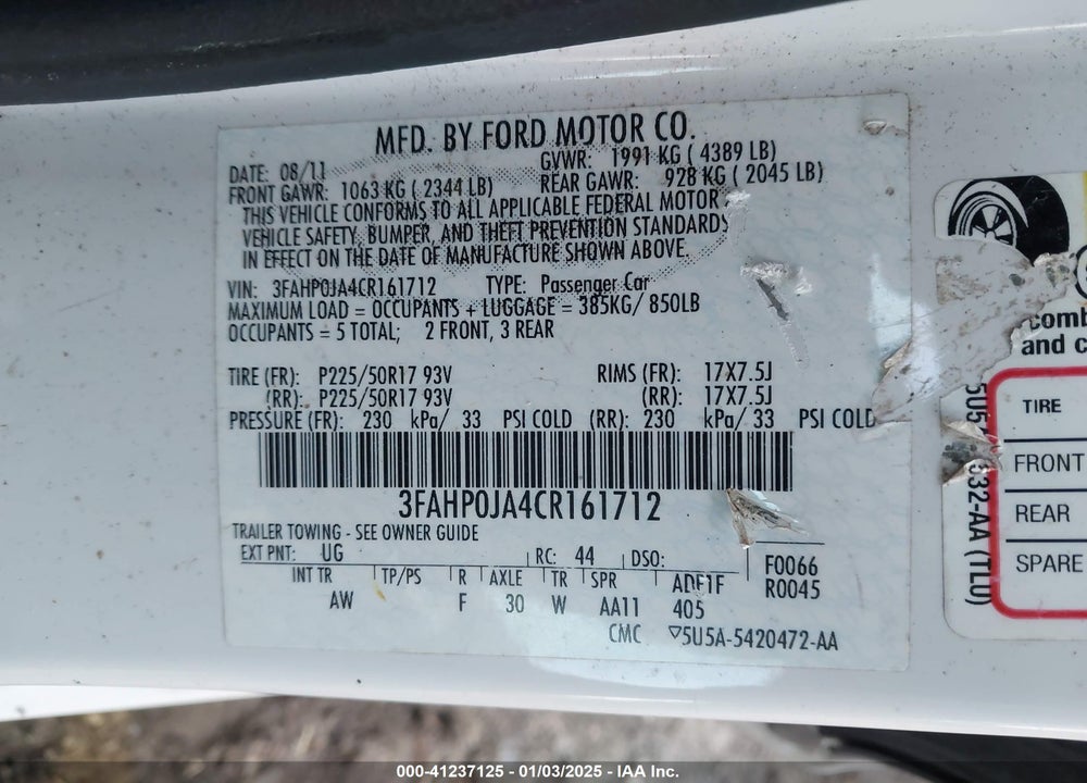 2012 FORD FUSION SEL VIN: 3FAHP0JA4CR161712