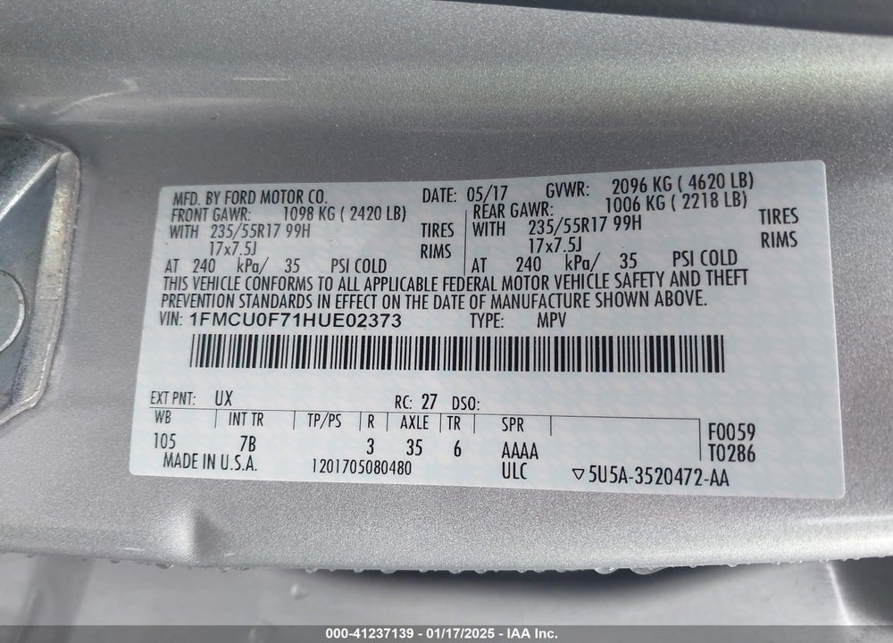 2017 FORD ESCAPE S VIN: 1FMCU0F71HUE02373